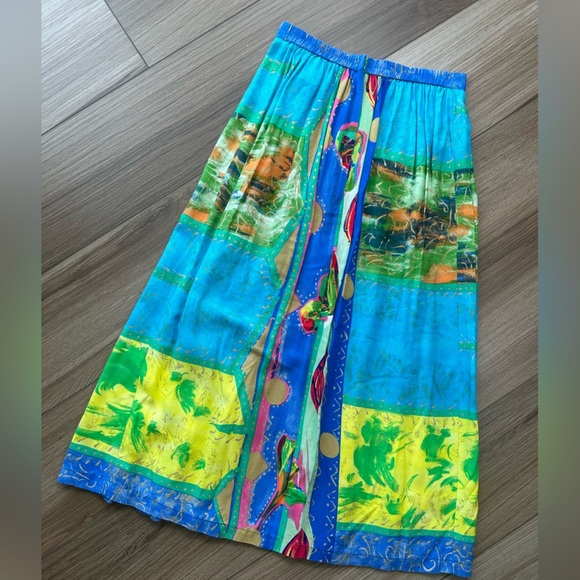 Vintage Blue Yellow Green Pink Colorful Printed High Waisted Midi Skirt - Picture 8 of 12